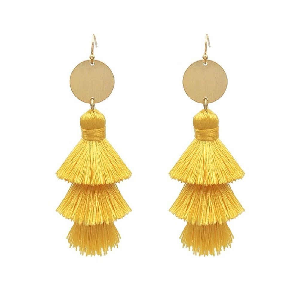 Yellow Fringe Multi-Layered Tassel Earrings with Gold Tone Accents